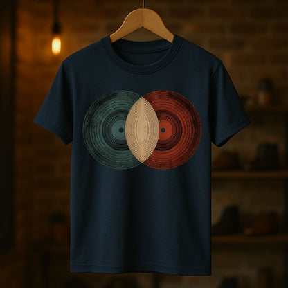 Navy blue t-shirt with vinyl record design on a wooden hanger against a dark background