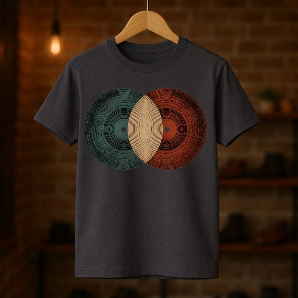 Gray t-shirt with circular design on a wooden hanger against a blurred brick wall background