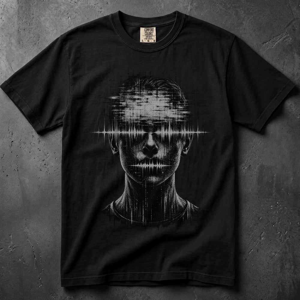 A black short-sleeve crewneck t-shirt featuring a white graphic print of a human face with a soundwave pattern overlaying the eyes and dripping down the neck, displayed flat on a textured dark gray background.