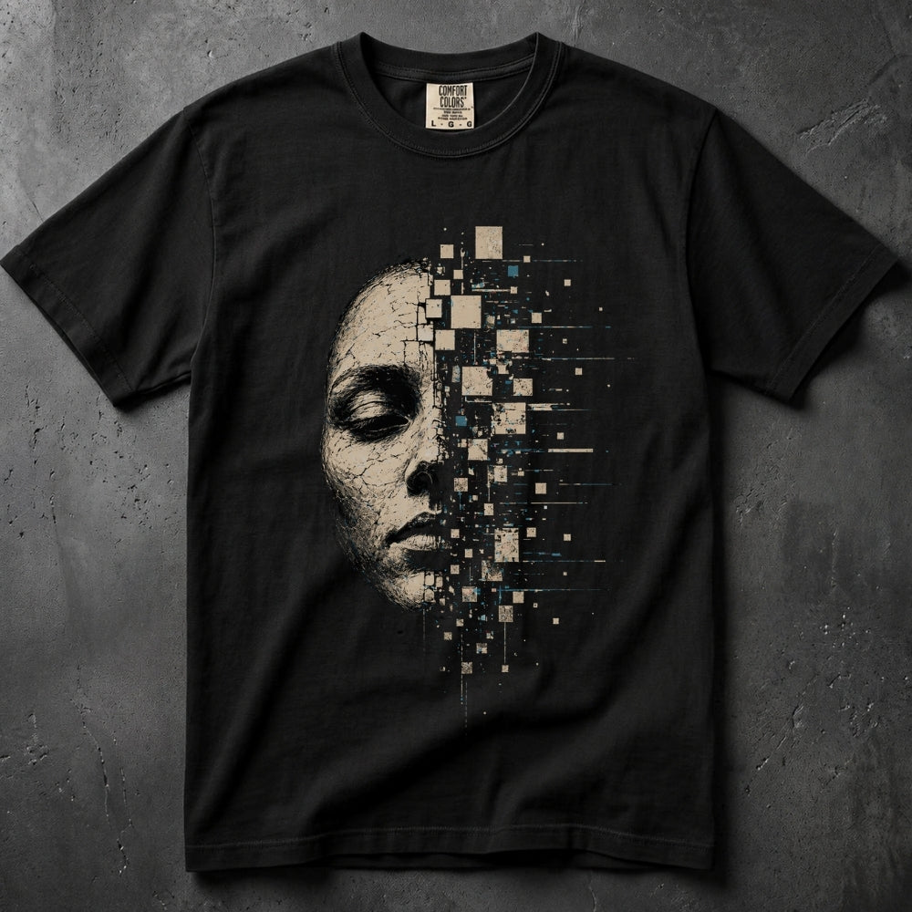 A black short-sleeve crewneck t-shirt featuring a graphic print of a human face dissolving into digital pixelated squares on the right side, laid flat on a textured dark gray background.