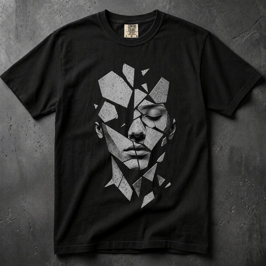 A black short-sleeve crewneck t-shirt featuring a large graphic print of a human face composed of geometric shards, laid flat on a textured dark gray background.
