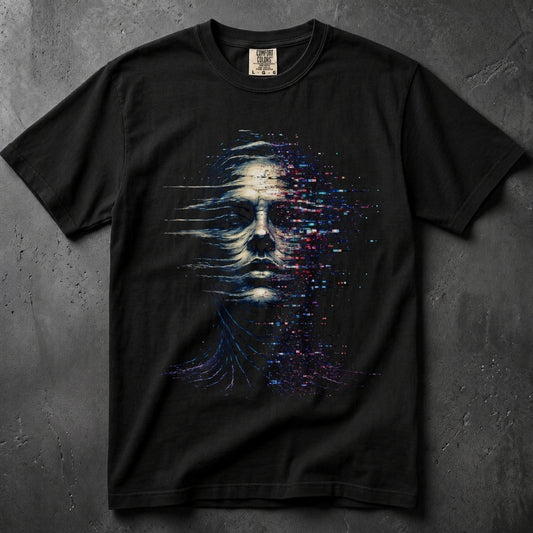 A black short-sleeve crewneck t-shirt featuring a large graphic print of a human face dissolving into digital pixels in shades of blue, purple, and white. The shirt is laid flat on a textured dark gray background.
