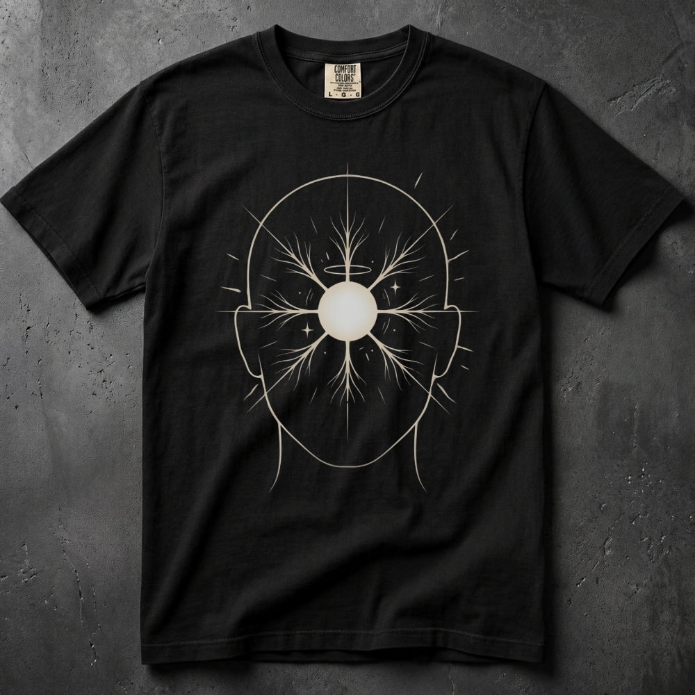 A black short-sleeve crewneck t-shirt featuring a white line art graphic of a stylized head with radiating lines and a central circle, laid flat on a textured dark gray background.