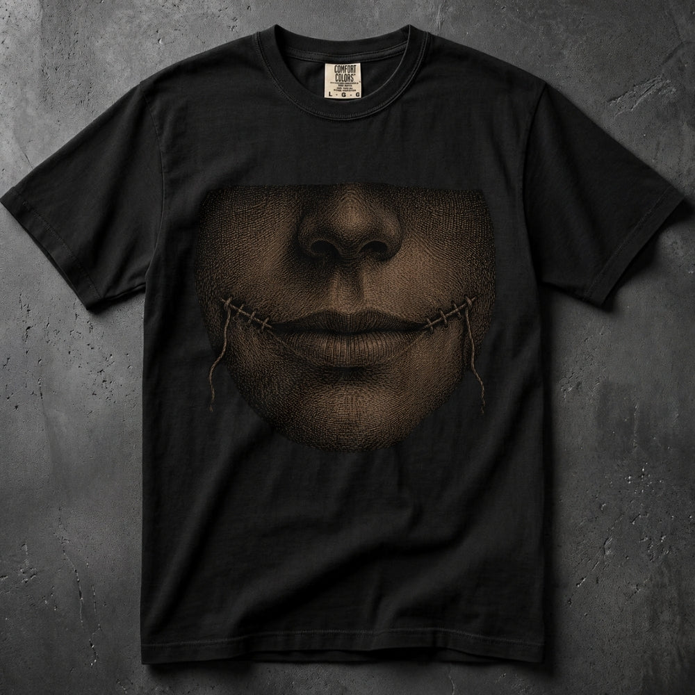 A black short-sleeve crewneck t-shirt featuring a large graphic print of a stitched, stitched-looking face in dark brown tones, laid flat on a textured dark gray background.