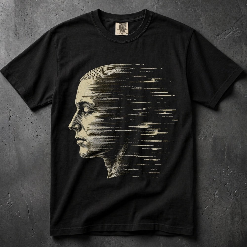 A black short-sleeve crewneck t-shirt featuring a large graphic print of a woman's profile in a beige digital glitch effect, laid flat on a dark textured background.
