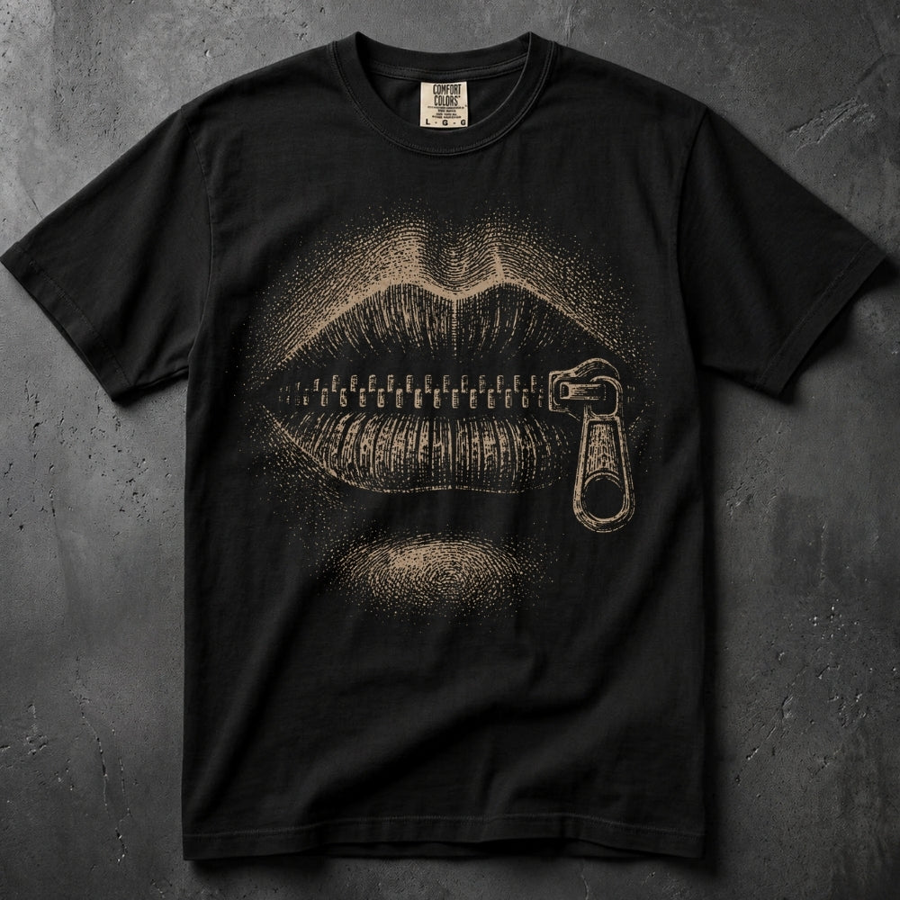 A black short-sleeve t-shirt with a graphic print of lips with a zipper running through them, shown flat against a dark textured gray background.