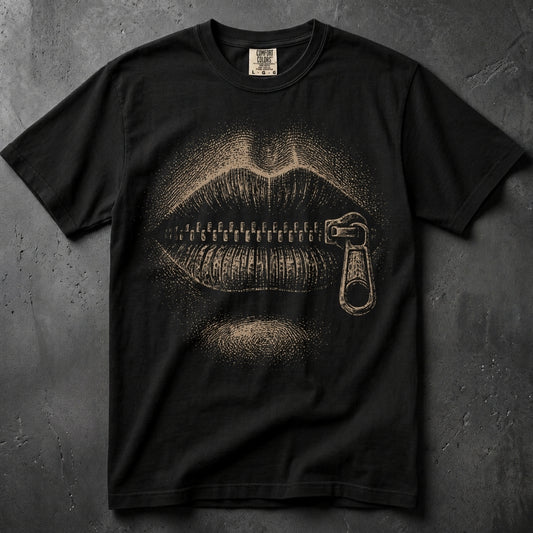 A black short-sleeve t-shirt with a graphic print of lips with a zipper running through them, shown flat against a dark textured gray background.