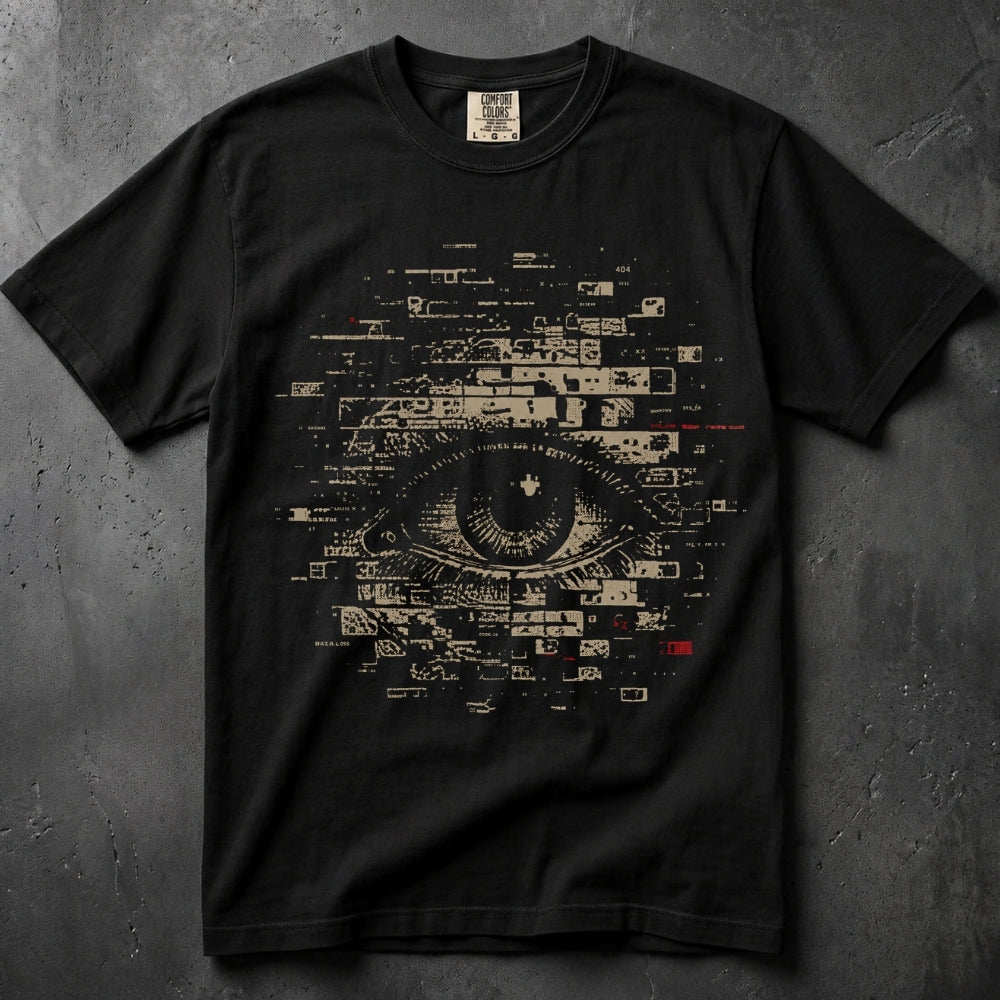 A black short-sleeve graphic t-shirt laid flat on a textured dark gray background. The shirt features a large central graphic of a stylized eye composed of beige and off-white digital interface elements, with a small red text accent near the bottom right of the graphic.