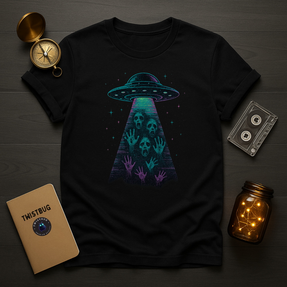 “Black tee with neon UFO abduction beam and ghostly hands”