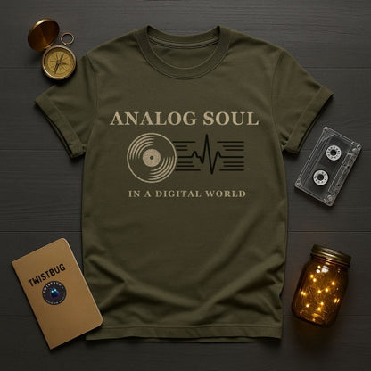 Green t-shirt with 'Analog Soul in a Digital World' design on a wooden surface with vintage items.