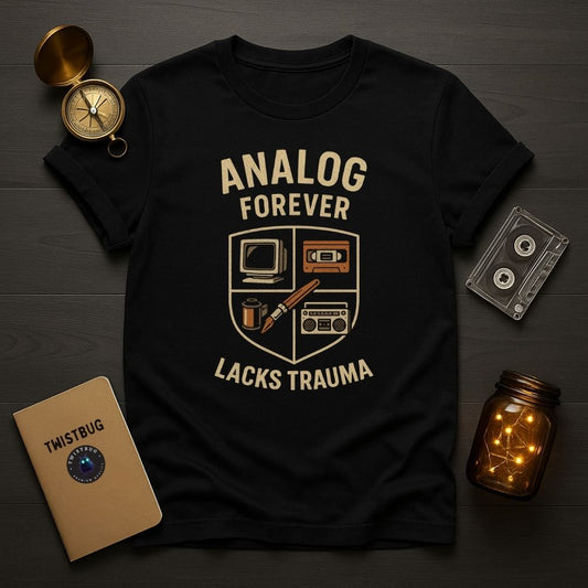 Black T-shirt flat lay with “Analog Forever Lacks Trauma” retro crest print, surrounded by compass, notebook, and cassette tape