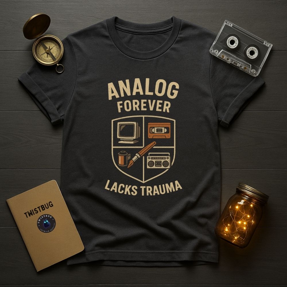 Charcoal gray analog nostalgia T-shirt on dark wooden surface, creative vintage flat lay.