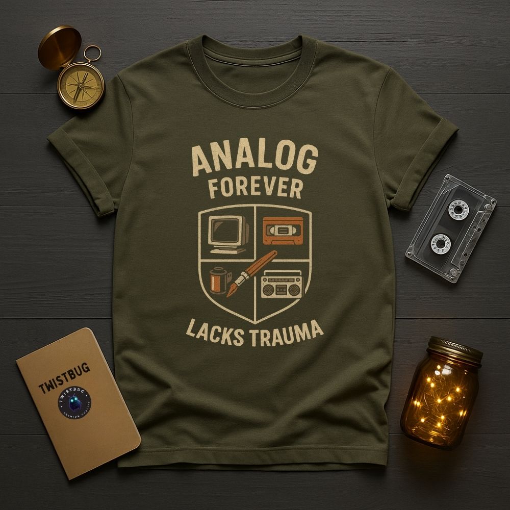 Military green analog-themed graphic tee, retro art print, moody lighting.