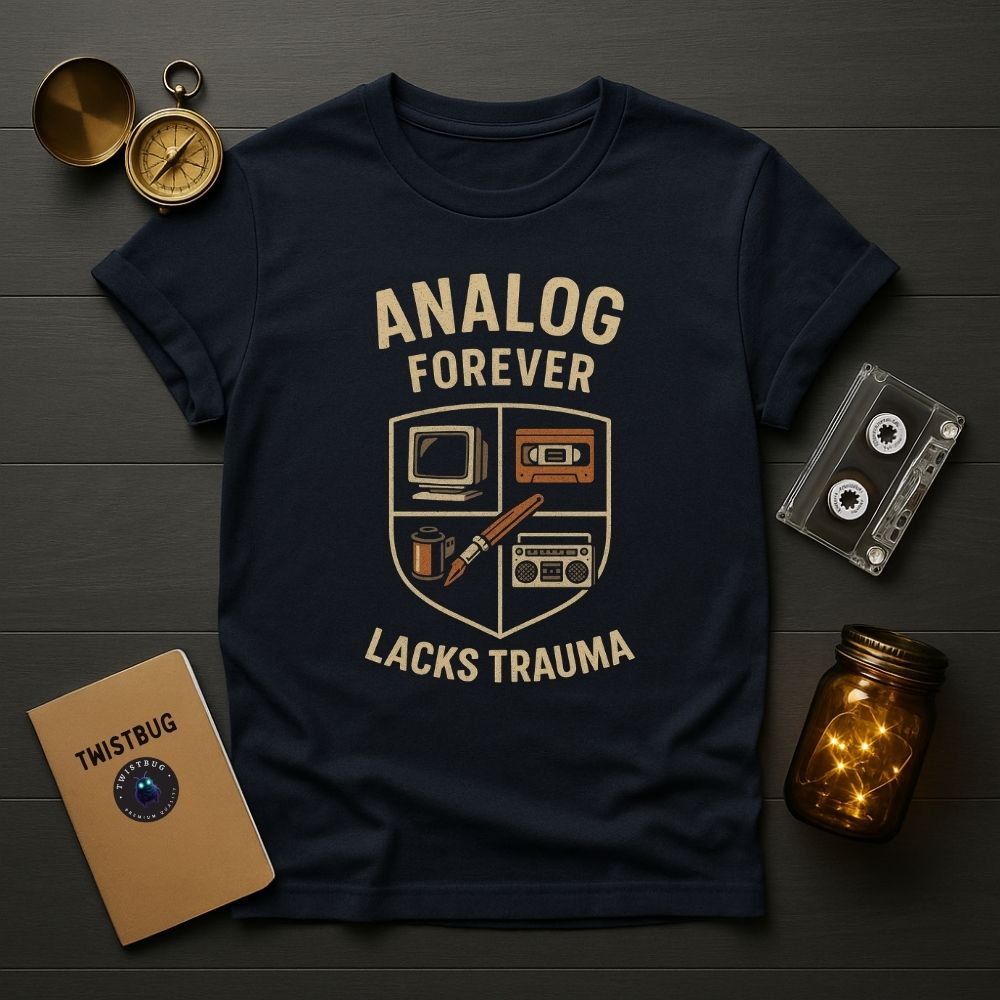 Navy blue “Analog Forever” T-shirt for artists and creators, cassette and notebook props.