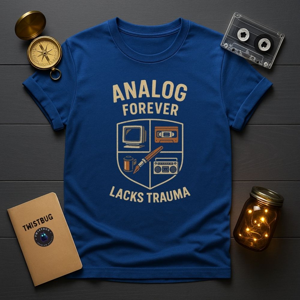 Royal blue retro analog T-shirt with vintage design, perfect for nostalgic creators.