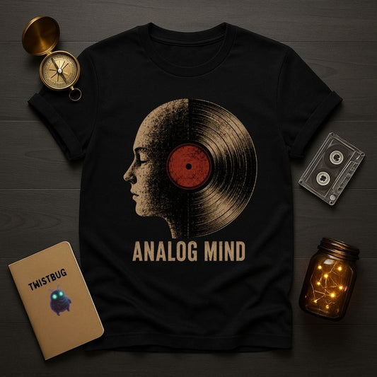 Black t-shirt with 'Analog Mind' design on a wooden surface with vintage items.