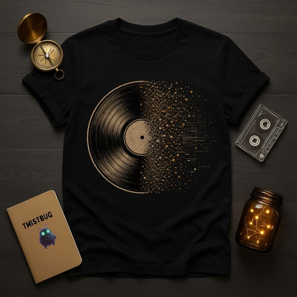 Black t-shirt with vinyl record design on a wooden surface with vintage items.