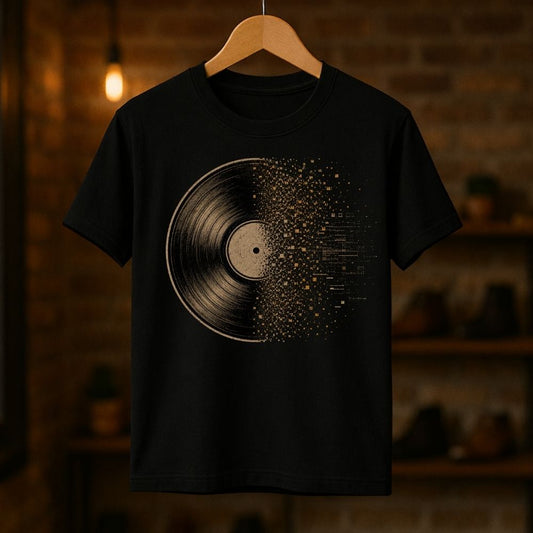 Black t-shirt with vinyl record design on a wooden hanger against a dark background
