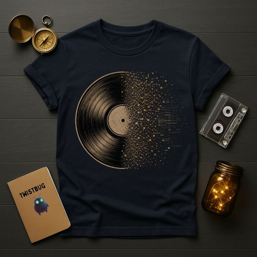 Navy blue t-shirt with vinyl record design on a wooden surface with vintage items.