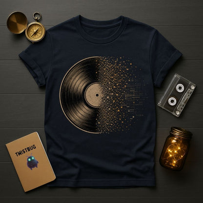 Navy blue t-shirt with vinyl record design on a wooden surface with vintage items.