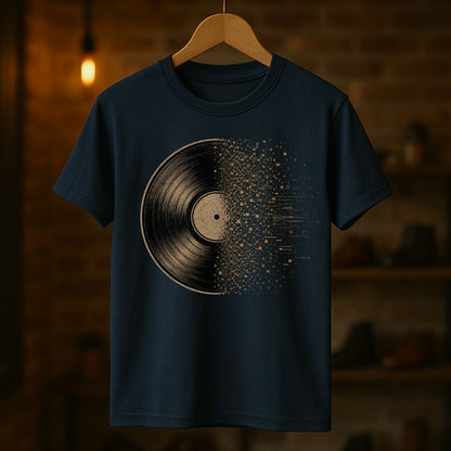 Navy blue t-shirt with vinyl record design on a wooden hanger against a dark background