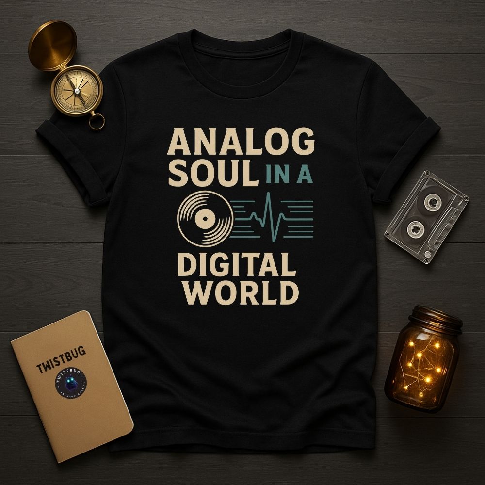 Black “Analog Soul in a Digital World” T-shirt with record and waveform design, flat lay with notebook and cassette