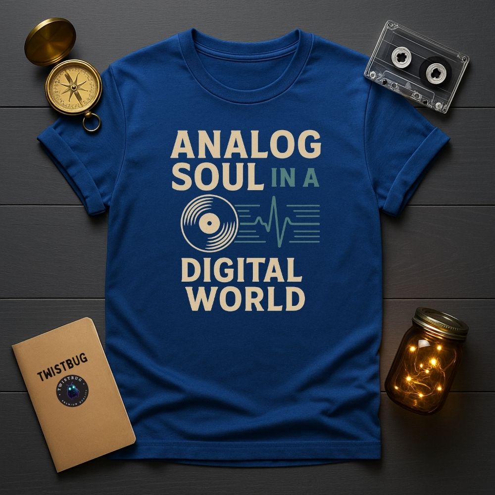Royal blue retro record shirt with vinyl waveform design