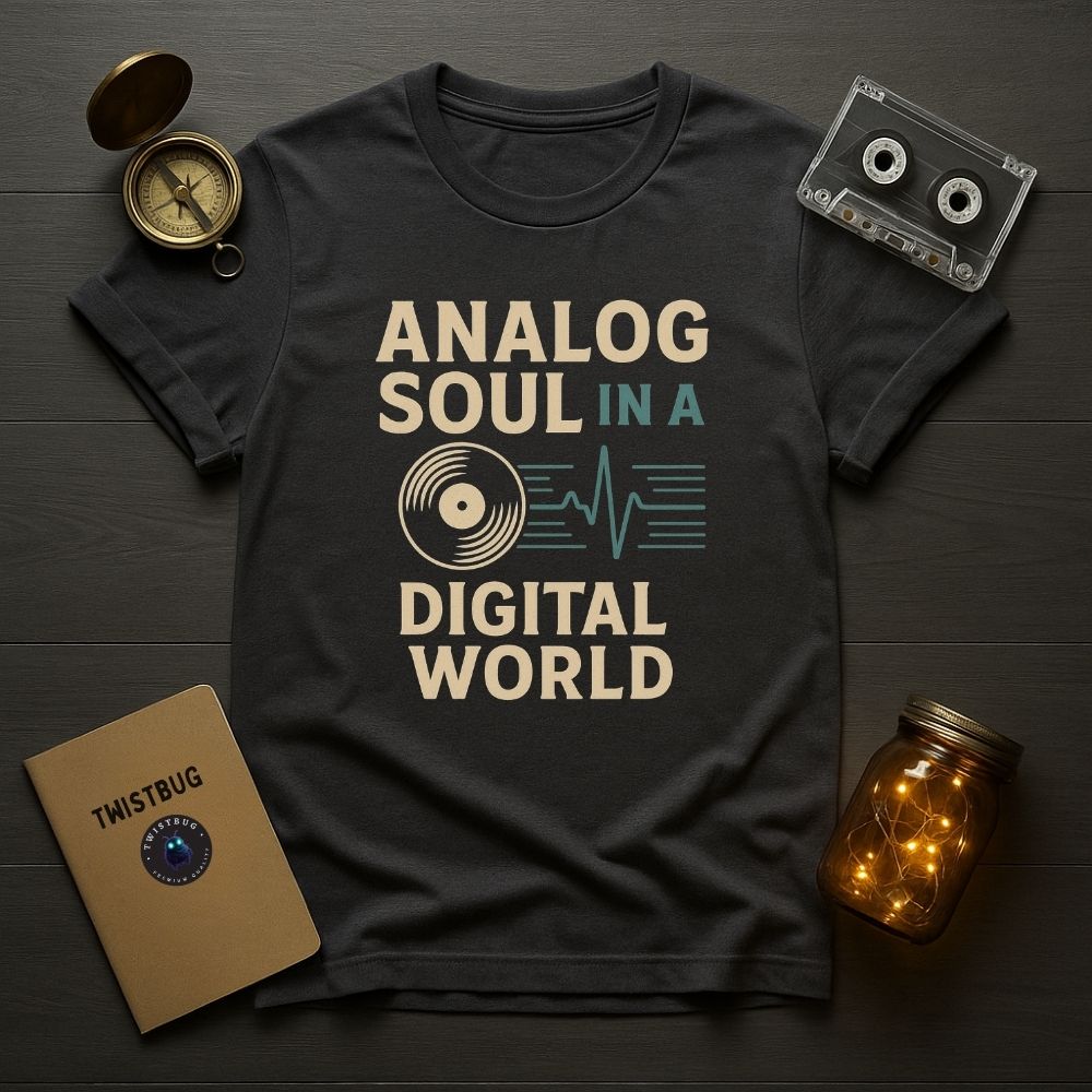 Charcoal analog vs digital shirt, minimalist graphic tee with vintage tone.