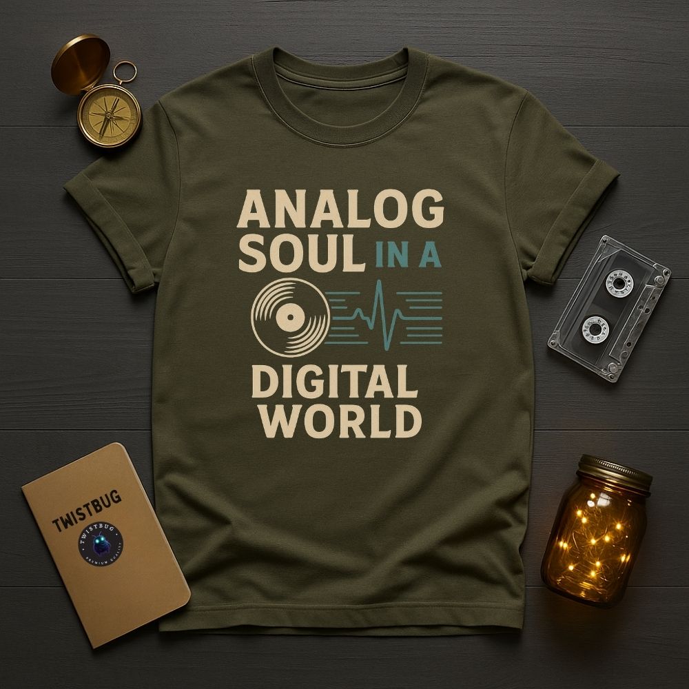 Military green nostalgic music T-shirt, clean retro vibe