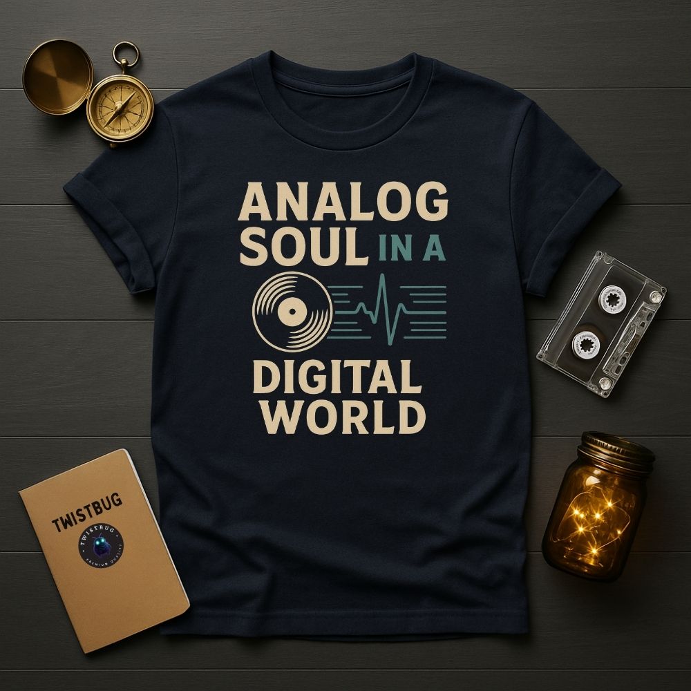Navy “Analog Soul in a Digital World” tee with cassette flat lay.