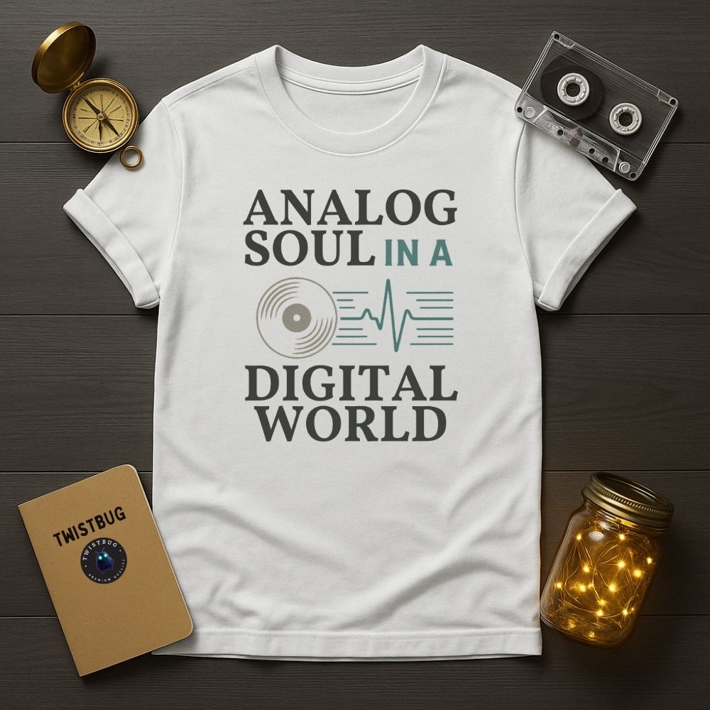 White analog soul shirt, retro tech typography on wood surface.