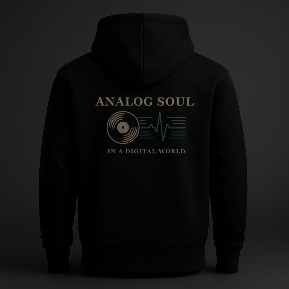 Black streetwear hoodie with large vinyl record graphic on the back, Analog Soul by Twistbug