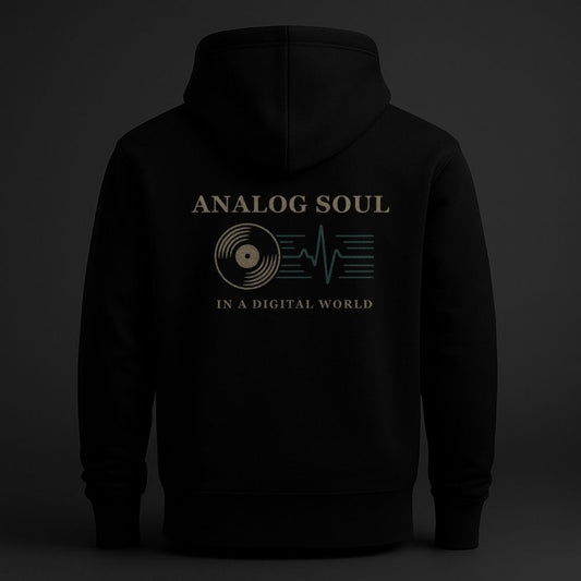 Black streetwear hoodie with large vinyl record graphic on the back, Analog Soul by Twistbug