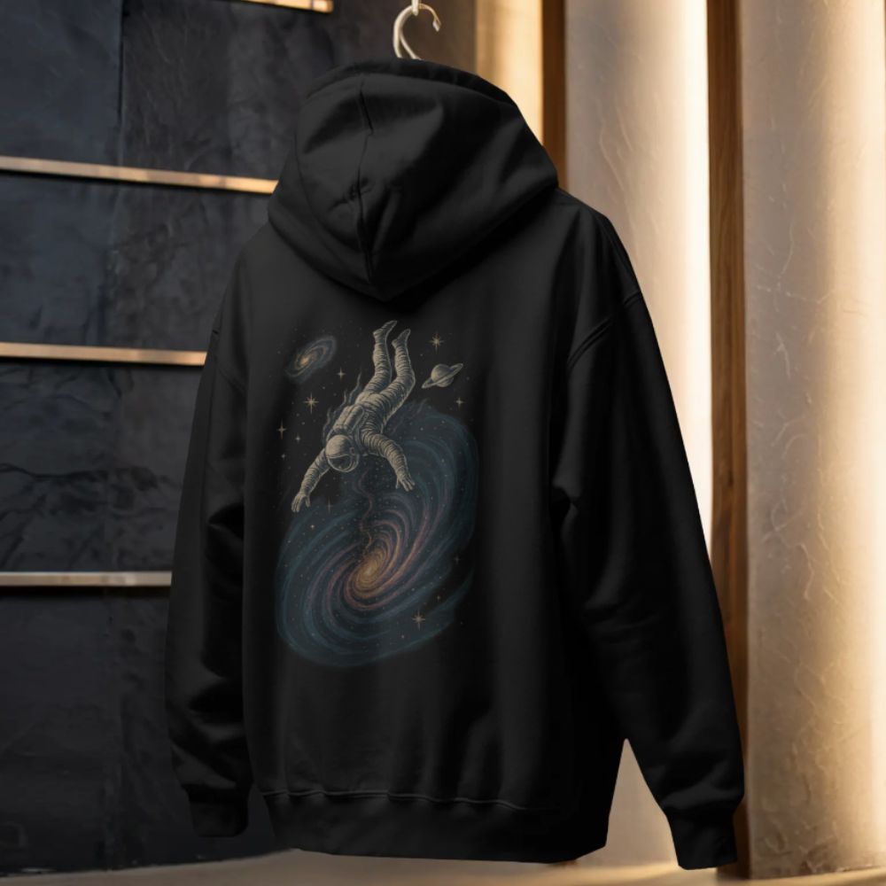 Black hoodie hanging on hook with detailed astronaut floating through galaxy back design, studio lighting