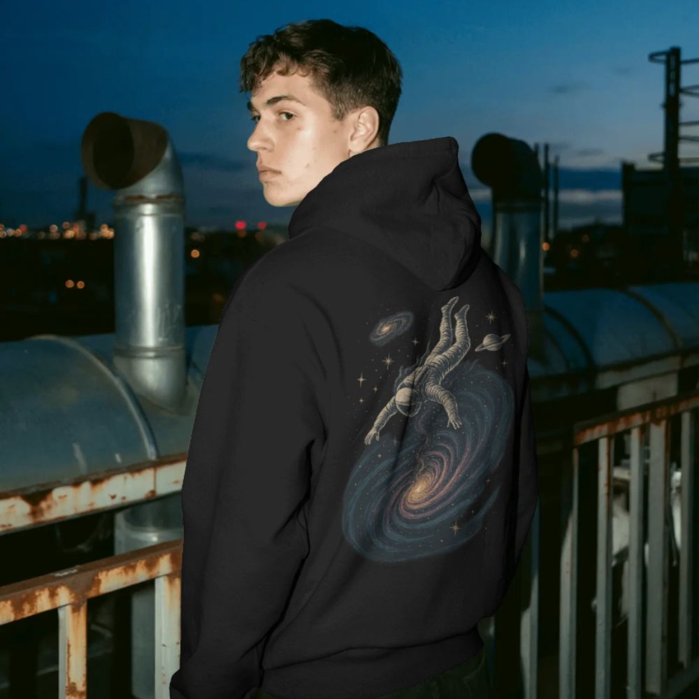 Model wearing black hoodie with astronaut drifting through a spiral galaxy back print, photographed on an urban rooftop at night.