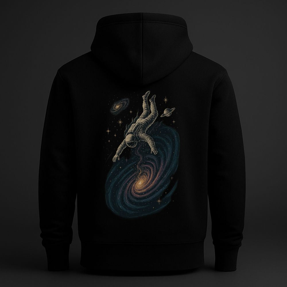 Black hoodie with a surreal back graphic of an astronaut falling into a glowing spiral galaxy, surrounded by stars and distant planets in deep space.