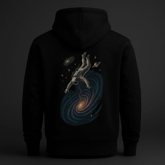 Black hoodie with a surreal back graphic of an astronaut falling into a glowing spiral galaxy, surrounded by stars and distant planets in deep space.