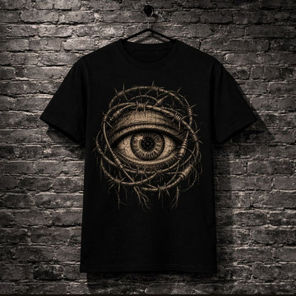Black t-shirt with eye design hanging on a brick wall