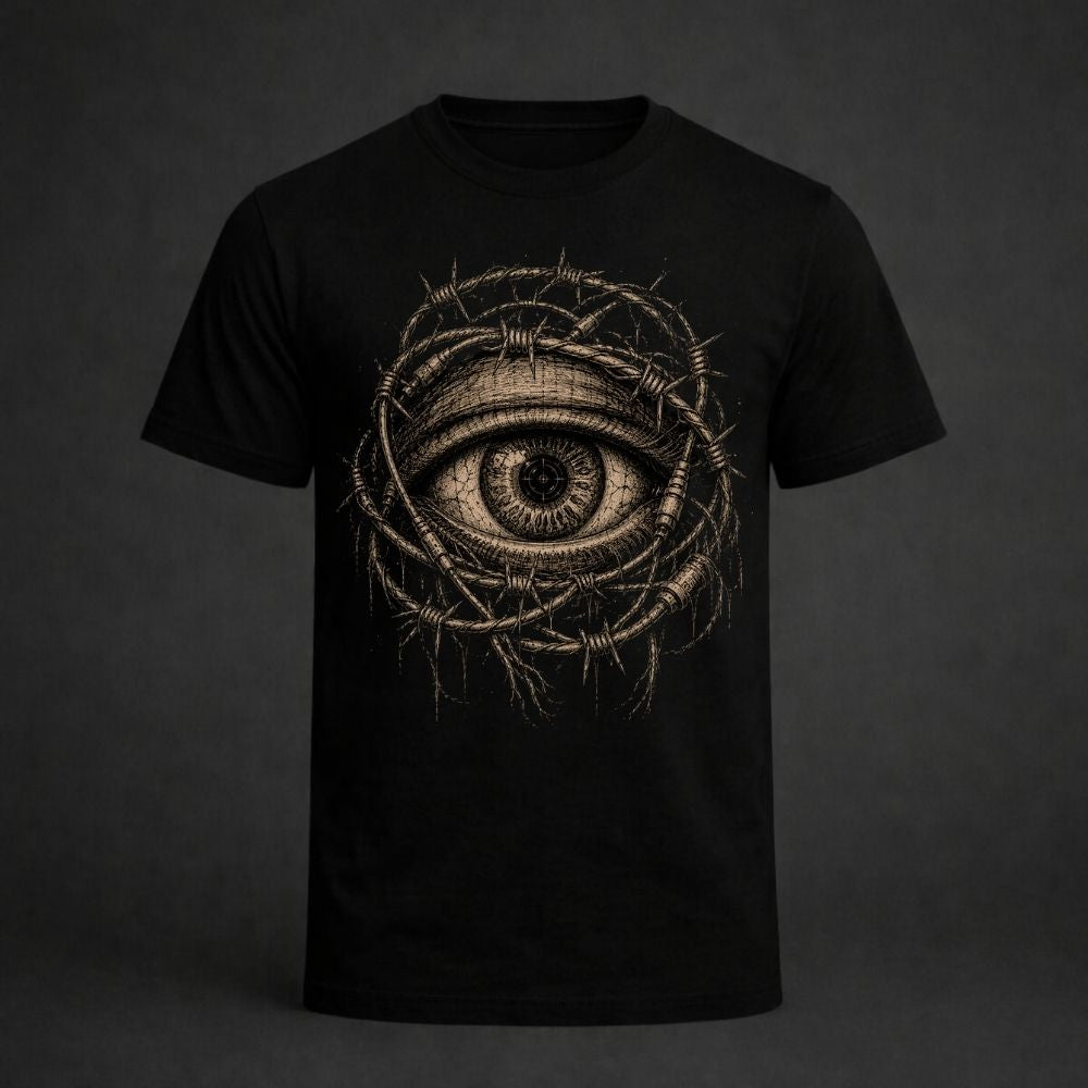Black t-shirt with an eye design made of barbed wire on a dark background