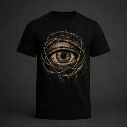 Black t-shirt with an eye design made of barbed wire on a dark background