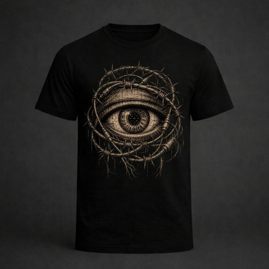Black t-shirt with an eye design made of barbed wire on a dark background