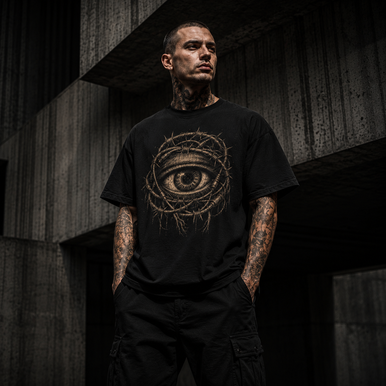 Man wearing a black t-shirt with an eye design in a dark, industrial setting