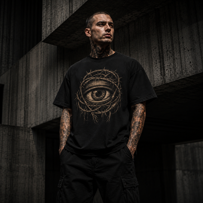 Man wearing a black t-shirt with an eye design in a dark, industrial setting