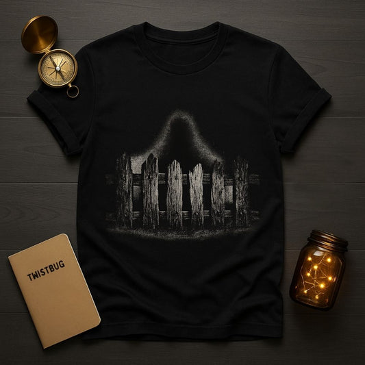 Dark folklore T-shirt with shadowy figure standing behind a broken wooden fence