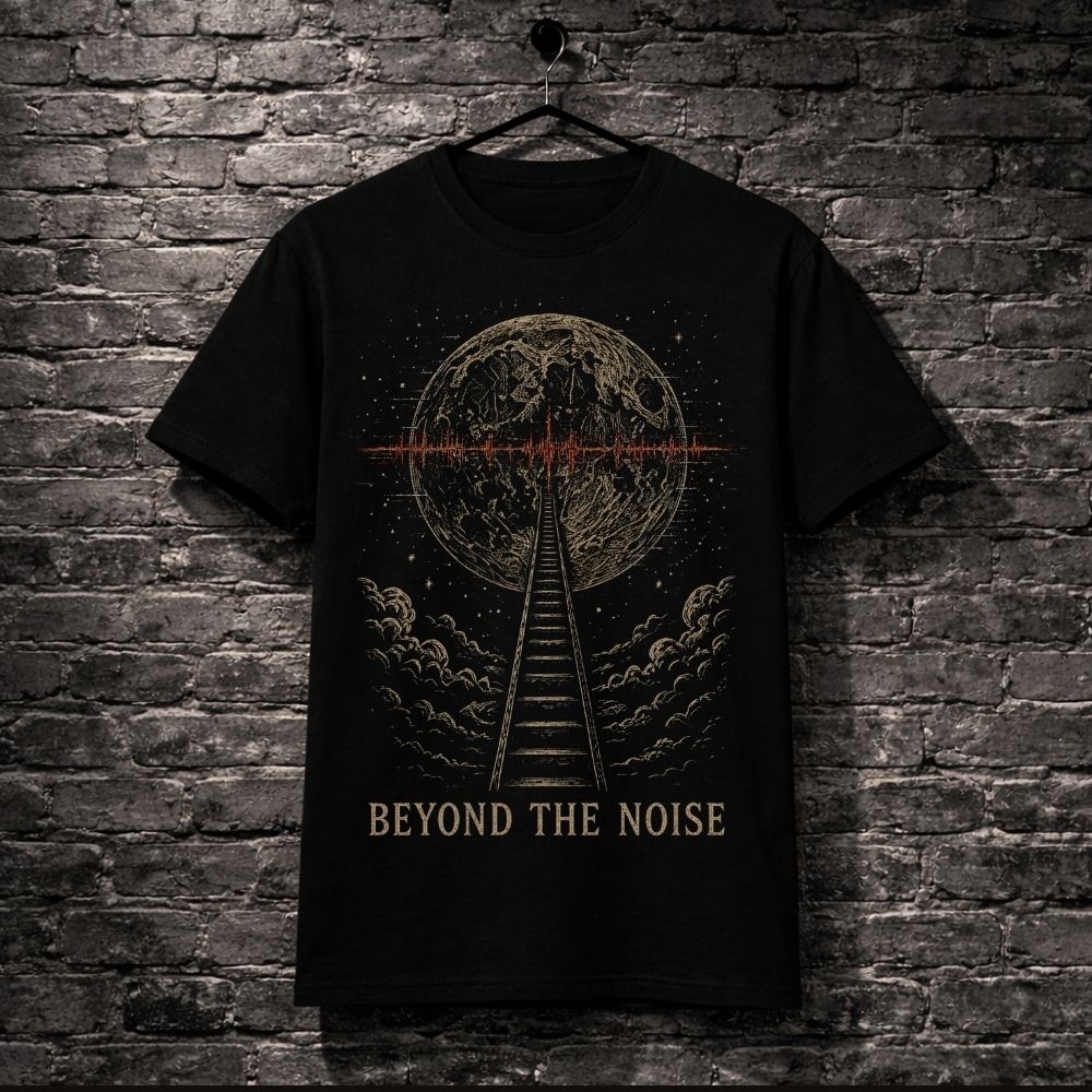 Black t-shirt with a graphic of a humanoid figure and UFO on a brick wall background