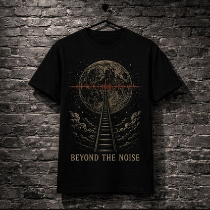 Black t-shirt with a graphic of a humanoid figure and UFO on a brick wall background