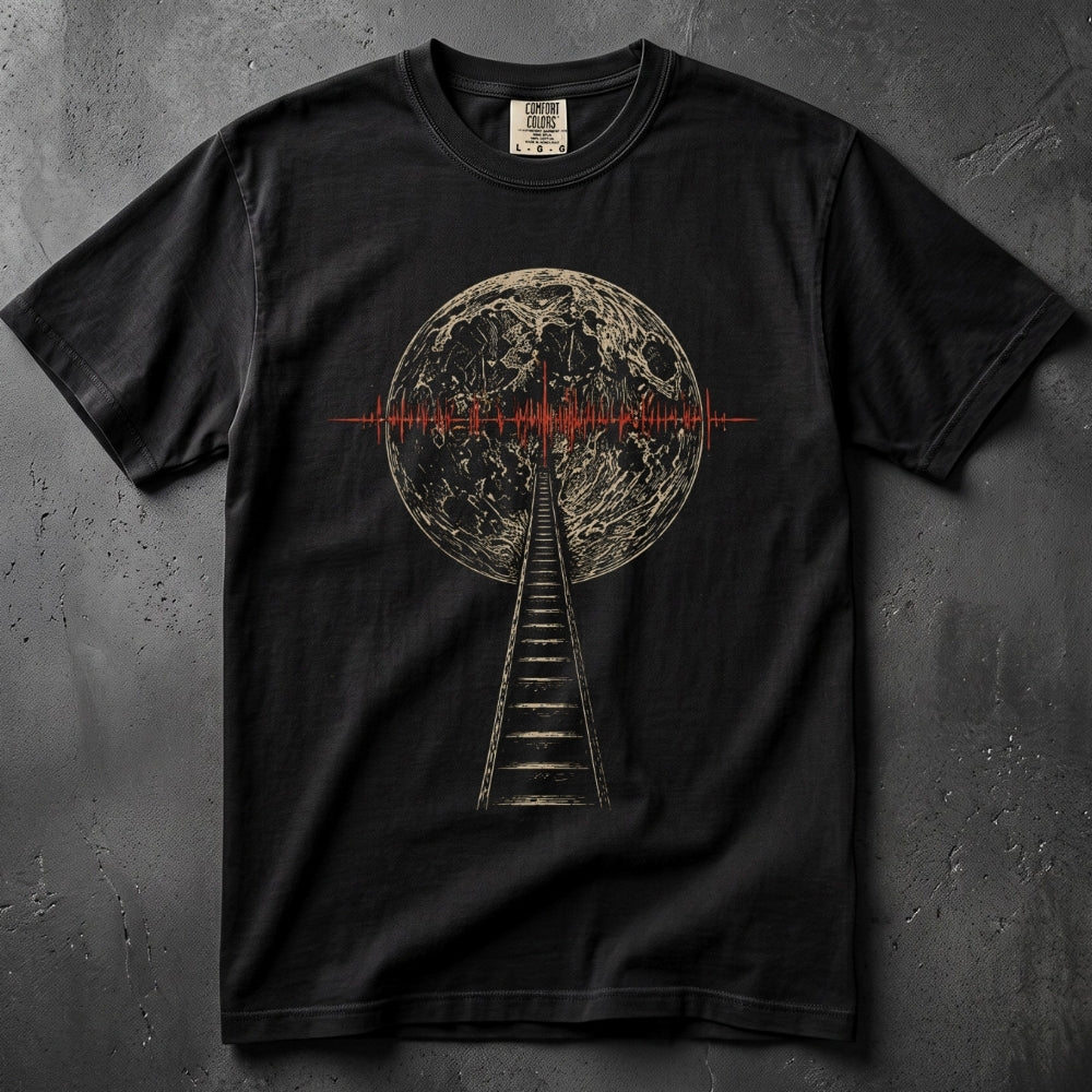 A black short-sleeve graphic t-shirt laid flat on a textured dark gray background. The shirt features a circular moon graphic in a distressed beige print, with a staircase leading down from the moon and a red soundwave line crossing the center.