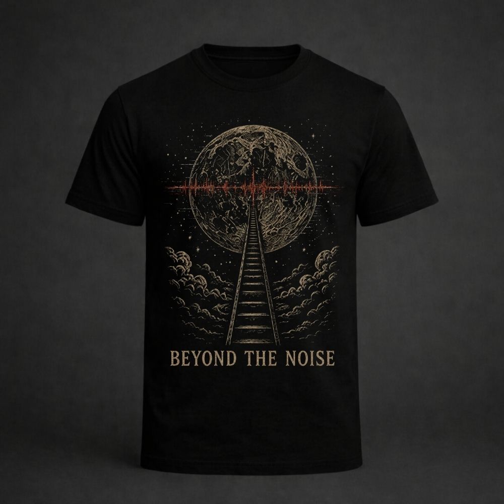 Black t-shirt with a graphic design of a ladder leading to the moon and 'Beyond the Noise' text on a dark background.