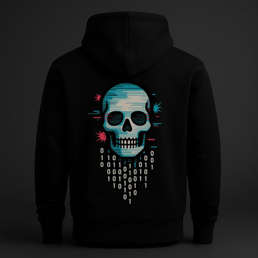 Black hoodie featuring a glitch-style skull graphic dissolving into binary code, cyberpunk digital dystopia back print design.
