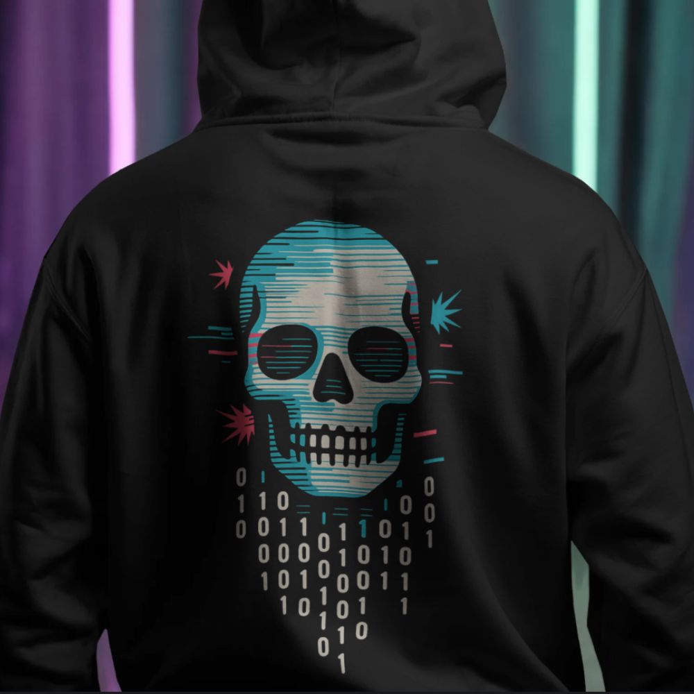 Back view of a black cyberpunk hoodie featuring a glitch-style skull with binary code, worn by a model against a neon-lit background